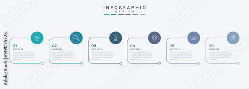 business infographic design with 6 parts or steps, containing icons, text, numbers vector