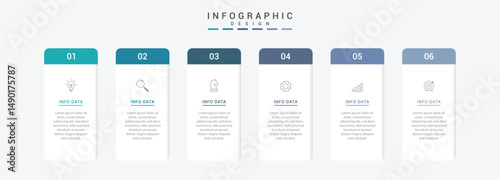 business infographic design with 6 parts or steps, containing icons, text, numbers vector