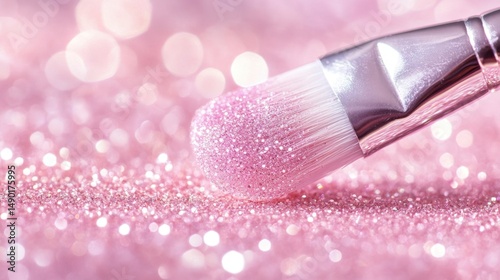 Nail polish brush dipped into a sparkling glitter polish with light reflections