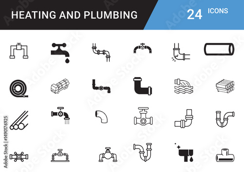 Heating and Plumbing Icons editable vector set  Boiler, Radiator, Pipe, Faucet, Thermostat, Wrench, Leak Repair, HVAC, Water Heater, Tap, Sink, Valve, Insulation