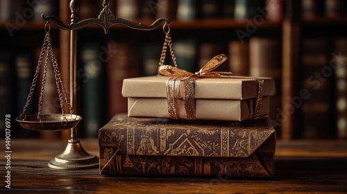 Elegant legal gift presentation on a wooden table, symbolize ethical dilemmas in law