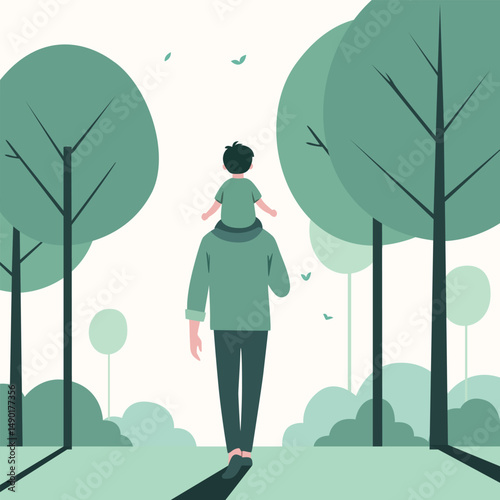 Minimalist vector of dad walking with child on shoulders through nature. Ideal for Father’s Day wish cards, social posts, or animated explainer video projects.