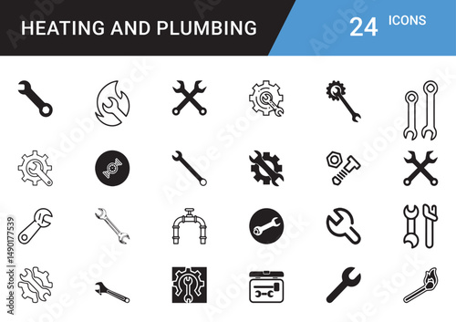 Heating and Plumbing Icons editable vector set  Boiler, Radiator, Pipe, Faucet, Thermostat, Wrench, Leak Repair, HVAC, Water Heater, Tap, Sink, Valve, Insulation