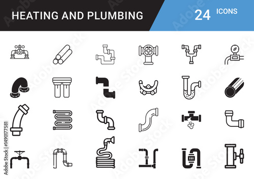 Heating and Plumbing Icons editable vector set  Boiler, Radiator, Pipe, Faucet, Thermostat, Wrench, Leak Repair, HVAC, Water Heater, Tap, Sink, Valve, Insulation
