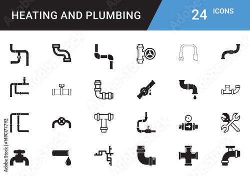 Heating and Plumbing Icons editable vector set  Boiler, Radiator, Pipe, Faucet, Thermostat, Wrench, Leak Repair, HVAC, Water Heater, Tap, Sink, Valve, Insulation
