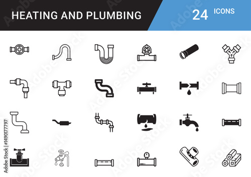 Heating and Plumbing Icons editable vector set  Boiler, Radiator, Pipe, Faucet, Thermostat, Wrench, Leak Repair, HVAC, Water Heater, Tap, Sink, Valve, Insulation