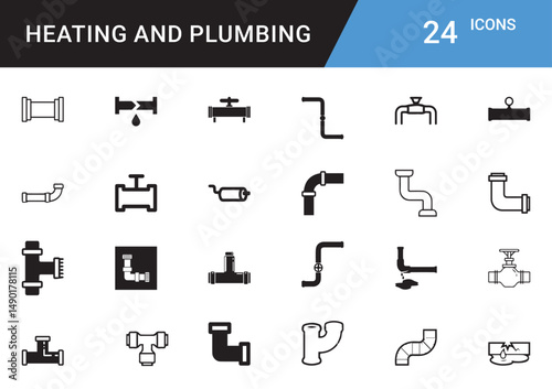 Heating and Plumbing Icons editable vector set  Boiler, Radiator, Pipe, Faucet, Thermostat, Wrench, Leak Repair, HVAC, Water Heater, Tap, Sink, Valve, Insulation