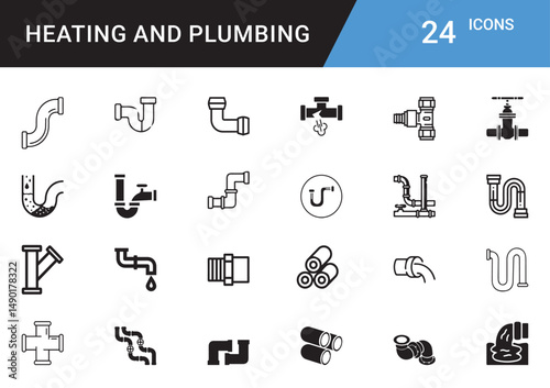 Heating and Plumbing Icons editable vector set  Boiler, Radiator, Pipe, Faucet, Thermostat, Wrench, Leak Repair, HVAC, Water Heater, Tap, Sink, Valve, Insulation