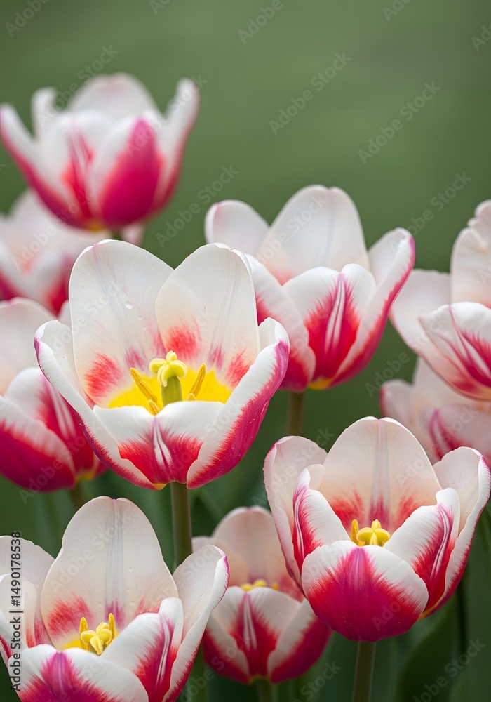 Fototapeta premium Tulip Flower White and Red Bloomtulip, bloom, petal, grow, white, red, fresh, soft, vibrant, delicate, close up, garden, spring, day, nature, flora, plant, background, outdoor, bright, decoration.