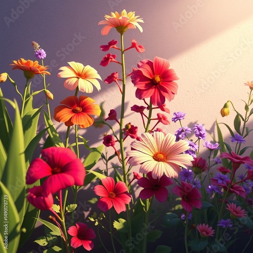 Colorful garden flowers with sunlight on wall pink purple yellow orange