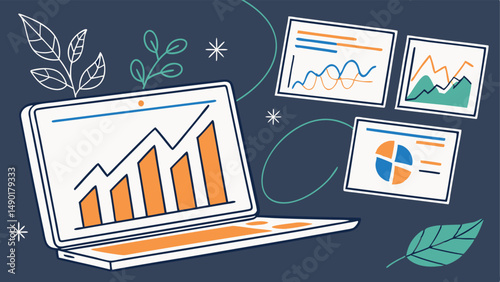 Laptop showing business growth charts and graphs