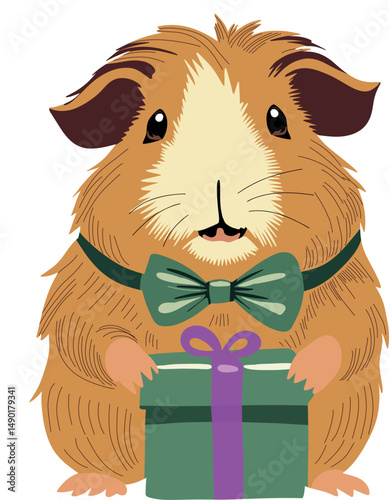 Guinea pig in a bow tie with present