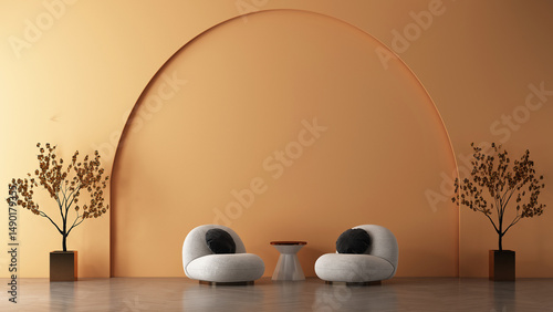 Fototapeta Naklejka Na Ścianę i Meble -  Modern living room and white arm chairs mockup decoration and Thai tea color wall texture background interior design. 3d rendeing