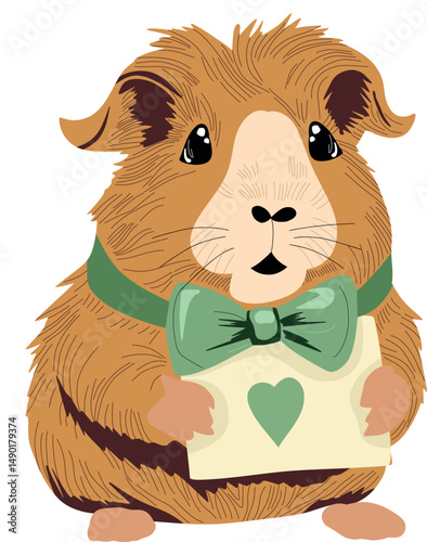 A guinea pig in a bow tie bringing  a birthday card