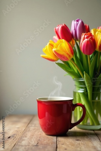 A warm beverage in a red mug rests on a rustic wooden table beside a vase of vibrantly colored tulips, a tranquil and peaceful morning scene.