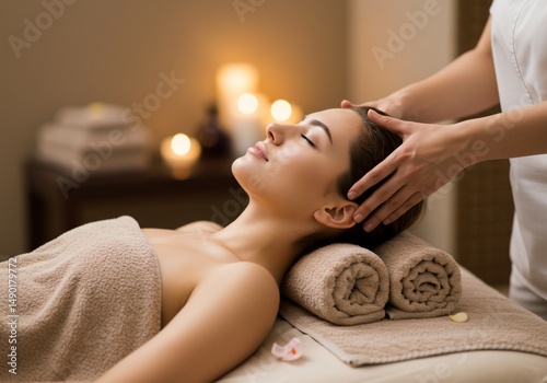 Woman getting head massage on table in spa, with blurred candles and towels