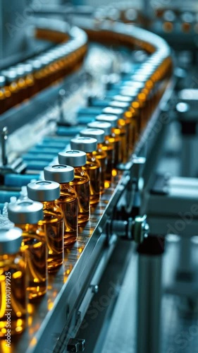 A conveyor belt with many bottles of medicine on it. The bottles are orange and silver