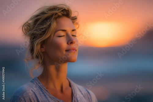 Smiling woman enjoying summer at the beach with ocean and sunset background.