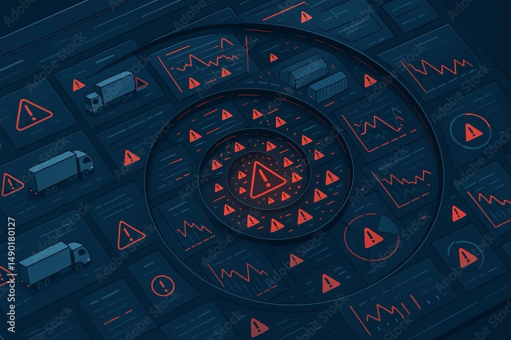 Obraz premium Digital interface featuring data analytics with truck icons and warning signs in a spiral layout, emphasizing logistics management.