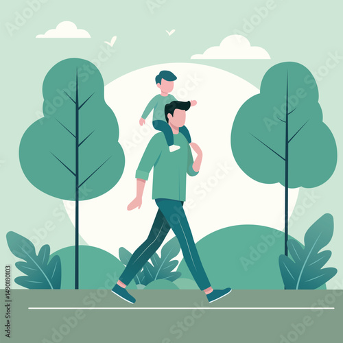 Flat design of a father carrying child on shoulders while walking outdoors. Perfect for Father’s Day cards, posters, or animation-friendly explainer scenes.
