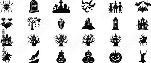 Halloween Vector Set – Haunted Silhouettes of Monsters, Witches, and Night Creatures