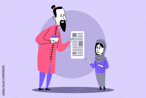 Healthcare professional interacting with young girl, handing her document