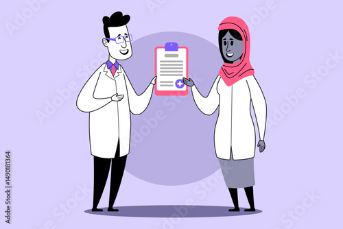 Doctor and patient engaging in discussion, with doctor handing clipboard to patient