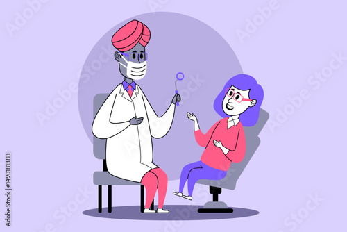 Healthcare professional in mask checking young patients teeth with dental mirror. People communicating in friendly manner, promoting comfort during visit