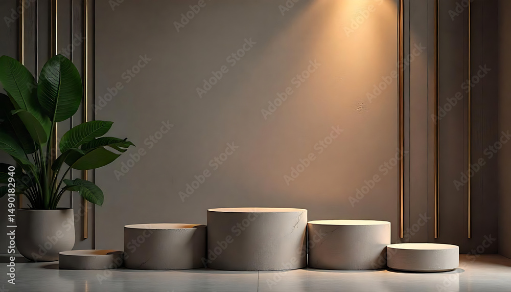 A serene composition featuring concrete pedestals, a lush plant, and elegant gold accents. A serene composition featuring concrete pedestals, a lush plant, and elegant gold accents.