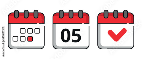 Collection of red calendar icons for websites and graphic resources. Flat calendar icon with specific day marked, day 05.