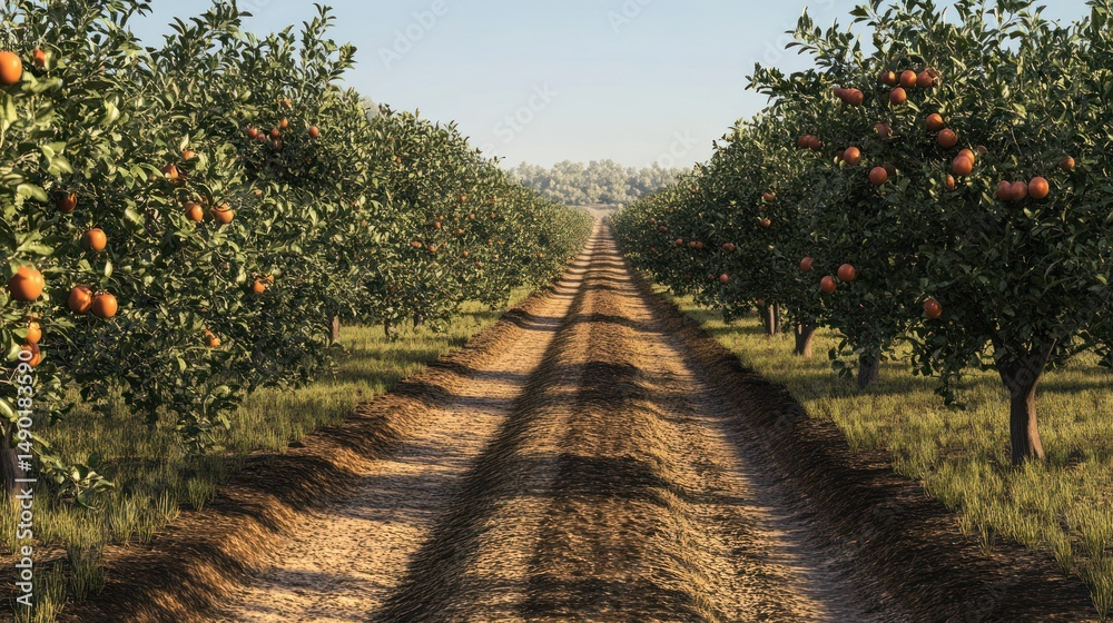 Naklejka premium Orchard Road, Summer Harvest, Rural Landscape, Agriculture