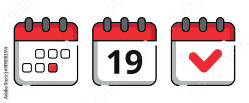 Collection of red calendar icons for websites and graphic resources. Flat calendar icon with specific day marked, day 19.