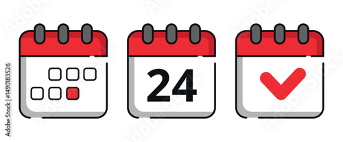 Collection of red calendar icons for websites and graphic resources. Flat calendar icon with specific day marked, day 24.