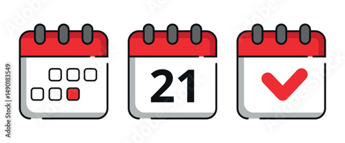 Collection of red calendar icons for websites and graphic resources. Flat calendar icon with specific day marked, day 21.