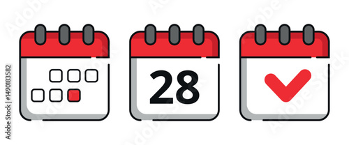 Collection of red calendar icons for websites and graphic resources. Flat calendar icon with specific day marked, day 28.