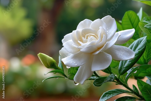 A close-up of a blooming gardenia flower with creamy white petals unfolding in soft, velvety layers