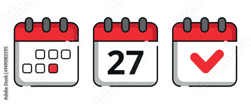 Collection of red calendar icons for websites and graphic resources. Flat calendar icon with specific day marked, day 27.