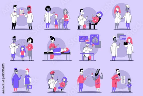 Healthcare professionals assisting patients in multiple scenarios, including check-ups, treatments, and consultations. Community care concept