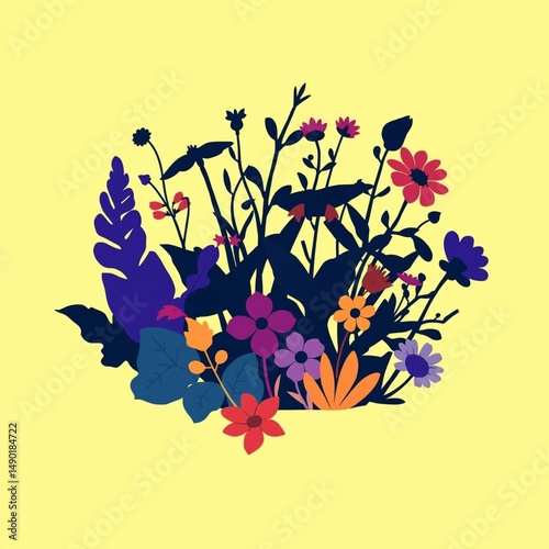 Colorful flower silhouettes on yellow background artistic design colorful vibrant nature