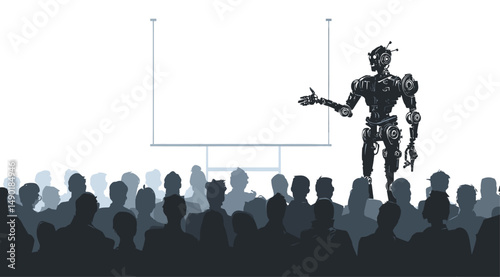 vector robot giving presentation to people on white background .Generative AI