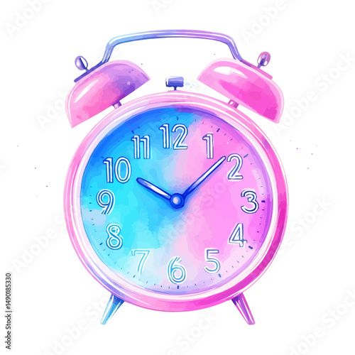 Neon-colored Digital Alarm Clock With Bold Digits, watercolor clipart vector, high quality, isolated on a white background.