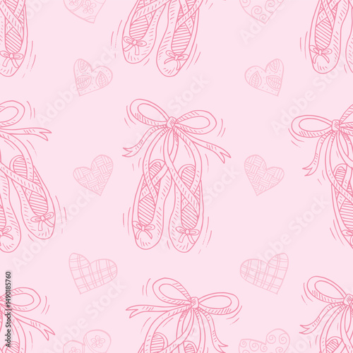Seamless pattern pointe ballet shoes on pink background.