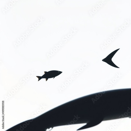 Minimalist silhouette of fish swimming against a white background abstract and