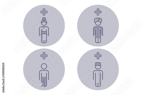 Collection of line icons representing various healthcare professionals. Different roles in medical field concept