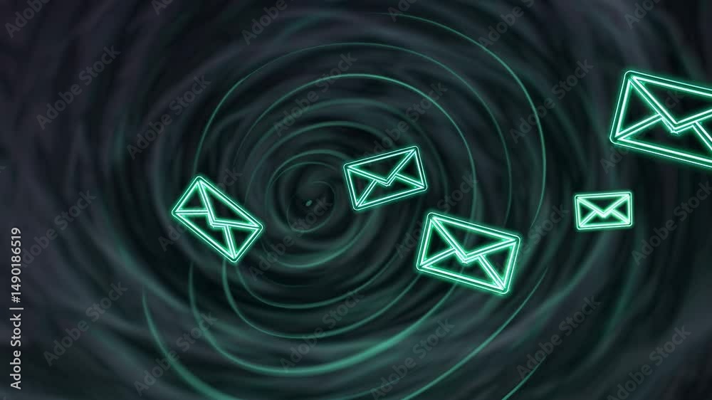 A dynamic video concept showing glowing envelopes swirling in a vortex. The camera angle is centered, creating a sense of motion and depth. Live desktop wallpaper.
