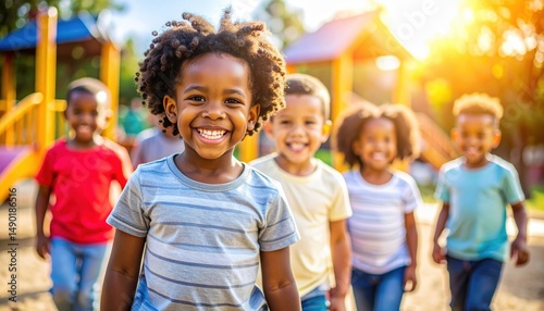 Sunshine Smiles: A vibrant group of happy children radiate pure joy as they frolic and play under the warm, golden sun. Capture the essence of youthful glee and the magic of childhood.