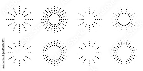 Sunburst Icon Set. Sun Rays Emblem. Circle Frame. Line and Dots Rays. Sun Burst Halftone. Starburst Icon. Vector Logo