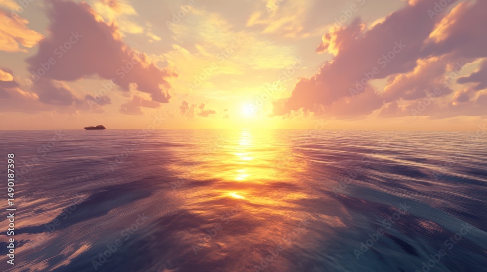 Ocean sunset, calm sea, distant ship, clouds, peaceful scene, travel Ocean sunset, calm sea, distant ship, clouds, peaceful scene, travel