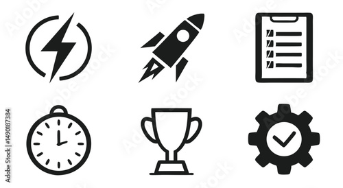 Productivity and Business Icons – Bold Black Vector Set for Workflow and Success Concepts
