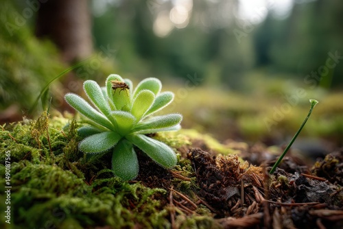 A macro shot of a butterwort (Pinguicula), showcasing its soft, succulent green leaves covered with tiny glistening glandular hairs that secrete a sticky substance to trap insects photo